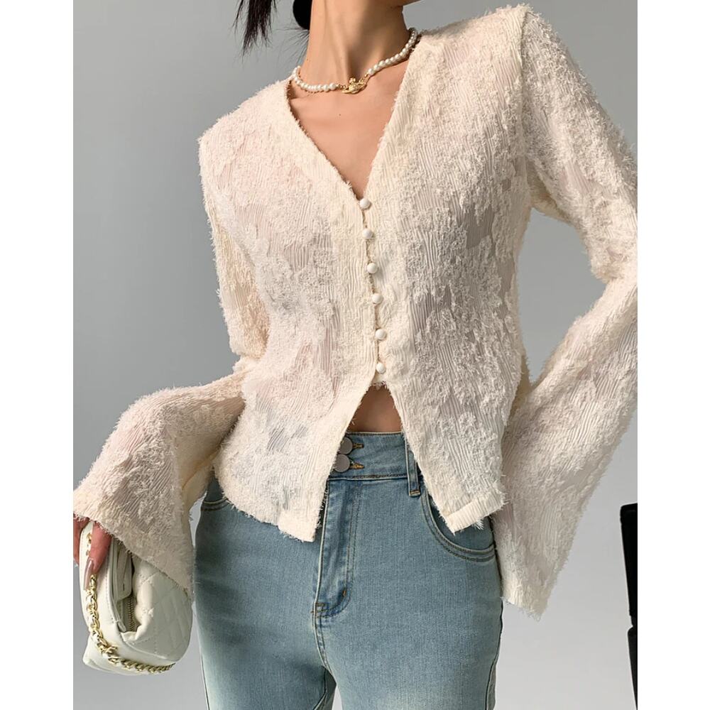 Commense Cream Textured Lacy Blouse Sz XS V Neck Long Sleeve Parisian Chic